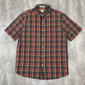 LL Bean Shirt Mens Medium Seersucker Button Up Plaid Short Sleeve Outdoors